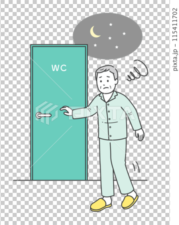 睡眠中に尿意を覚えトイレに行く夜間頻尿に悩む高齢男性のイラスト 115411702