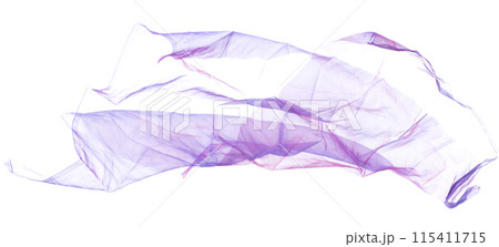 Purple Violet Organza fabric flying in curve shape, Piece of textile blue sky organza fabric throw fall in air. White background isolated motion blur 115411715
