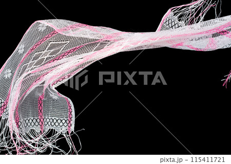Pink Lace fabric flying in curve shape, Piece of textile Pink Lace fabric throw fall in air. Black background isolated motion blur Pink Lace fabric flying in curve shape, Piece of textile Pink Lace fabric throw fall in air. Black background isolated motion blur 115411721