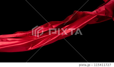 Red Satin fabric flying in curve shape, Piece of textile Red Satin fabric throw fall in air. Black background isolated motion blur Red Satin fabric flying in curve shape, Piece of textile Red Satin fabric throw fall in air. Black background isolated motion blur 115411727