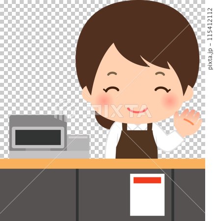 レジカウンターに立つ笑顔の女性 115412112