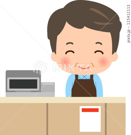 レジカウンターに立つ中年男性店員 115412113