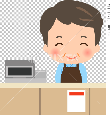レジカウンターに立つ中年男性店員 115412113