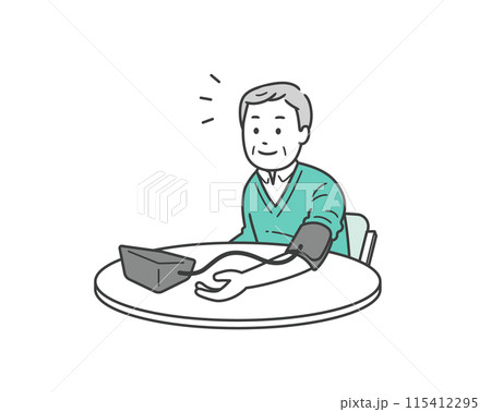 血圧計で自分で血圧を測る笑顔の高齢男性の上半身イラスト 115412295