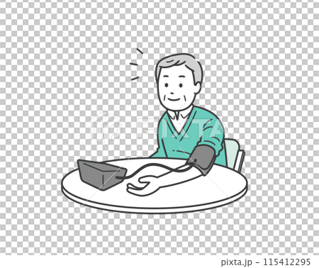 一位微笑的老人用血壓計測量自己的血壓的上半身插圖 一位微笑的老人用血壓計測量自己的血壓的上半身插圖 115412295