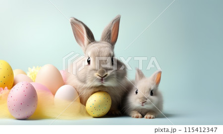 Two cute rabbits with colorful Easter eggs on blue background 115412347