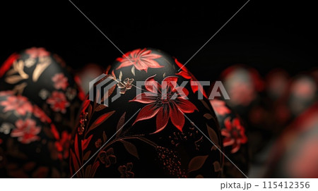 Red and black Easter Eggs on dark Background. Happy Easter eggs 115412356