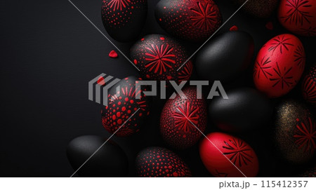 Red and black Easter Eggs on dark Background. Happy Easter eggs 115412357