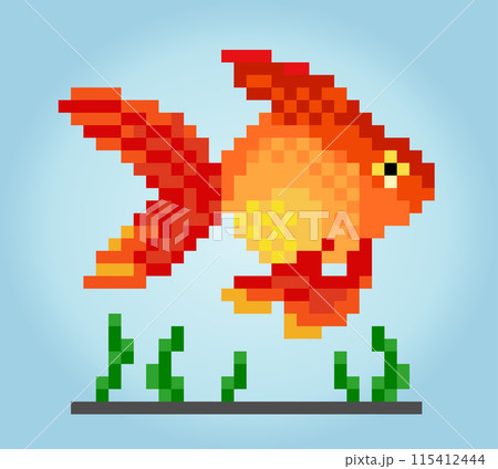 8 bit pixel golden fish. Animal for game assets and cross stitch patterns in vector illustrations. 8 bit pixel golden fish. Animal for game assets and cross stitch patterns in vector illustrations. 115412444
