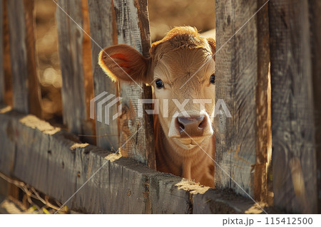 Curious calf peeking out from behind a rustic wooden fence, with a bright and sunny background. Farm animals. 115412500