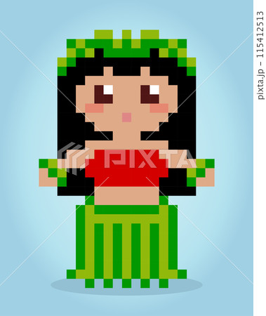 8 bit pixels of hula dancer. Hawaii tradition for game assets and cross stitch patterns in vector illustrations. 115412513