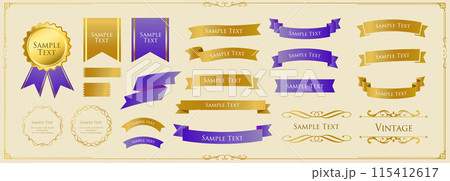 リボンの装飾デザインセットとアンティークな罫線やフレームデザイン 115412617