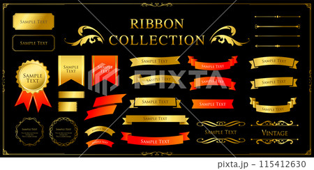 リボンの装飾デザインセットとアンティークな罫線やフレームデザイン リボンの装飾デザインセットとアンティークな罫線やフレームデザイン 115412630
