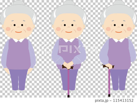 Illustration set of a senior woman with a cane 115413152
