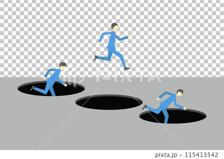 Illustration of a businessman jumping to avoid a pitfall Illustration of a businessman jumping to avoid a pitfall 115413542