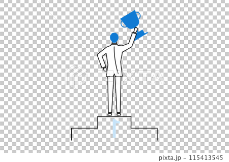 Line drawing illustration of a businessman holding a trophy on a podium 115413545