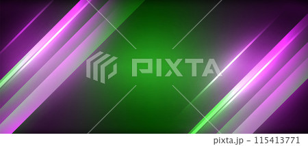 Neon dynamic diagonal light rays background. Techno digital geometric concept design for wallpaper, banner, presentation, background Neon dynamic diagonal light rays background. Techno digital geometric concept design for wallpaper, banner, presentation, background 115413771