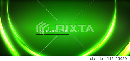 Neon glowing circle rays, light round lines in the dark, planet style neon wave lines. Energetic electric concept design for wallpaper, banner, background 115413920