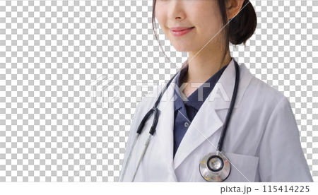 身穿白大褂的微笑女醫生，帶著懸掛的聽診器 115414225