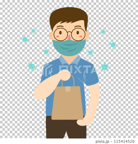 Delivery man wearing face mask holding bag Delivery man wearing face mask holding bag 115414520