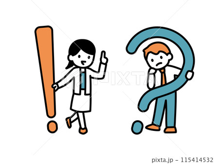 びっくりマークを持つ女性教師とクエスチョンマークを持つ男子生徒のイラスト 115414532