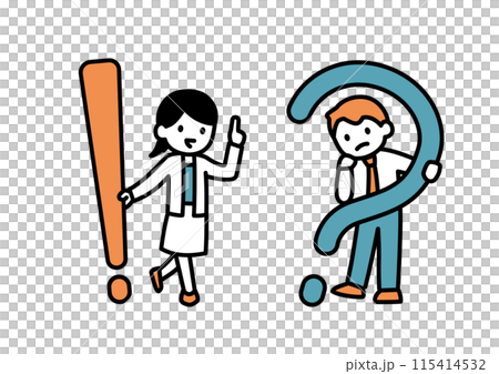 びっくりマークを持つ女性教師とクエスチョンマークを持つ男子生徒のイラスト 115414532