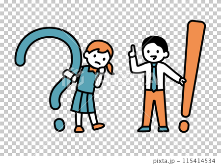 Illustration of a teacher with an exclamation mark and a female student with a question mark 115414534