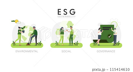 Save the Earth. ESG concept. Cartoon Charactors with Sustainable ecology and environment conservation concept design. Vector illustration. Save the Earth. ESG concept. Cartoon Charactors with Sustainable ecology and environment conservation concept design. Vector illustration. 115414610