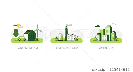 Green Energy, Green Industry, Green city. Concept of Sustainable Green ecology, environment and alternative renewable energy. Flat Vector Illustration. 115414613