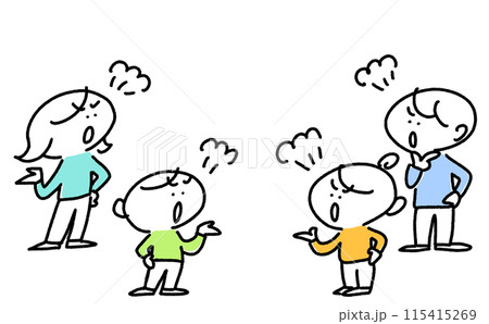 話し合いをする人々　怒り　口論　口喧嘩　言い合い　討論　けんか　家族　シンプルで可愛い線画イラスト 115415269