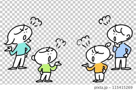 話し合いをする人々　怒り　口論　口喧嘩　言い合い　討論　けんか　家族　シンプルで可愛い線画イラスト 115415269