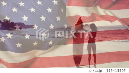 Image of flag of usa over caucasian woman on beach in summer Image of flag of usa over caucasian woman on beach in summer 115415595