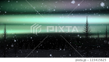 Image of snowflakes and northern lights over forest landscape 115415625