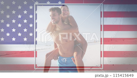 Caucasian woman piggybacking on a Hispanic or Latino man, both smiling 115415649