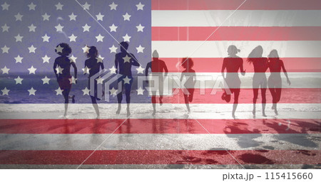 Image of american flag waving over friends running on beach Image of american flag waving over friends running on beach 115415660