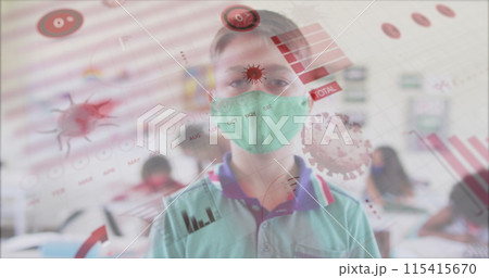 Image of digital interface showing statistics with schoolboy in class wearing face mask Image of digital interface showing statistics with schoolboy in class wearing face mask 115415670