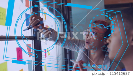 Image of data processing over diverse business people in office Image of data processing over diverse business people in office 115415687