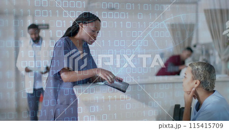 Image of dna strand and binary coding data processing over diverse doctors in hospital 115415709
