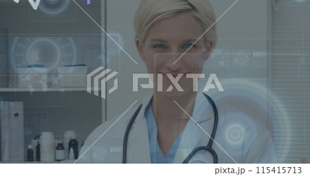 Image of numbers changing and scopes on screens over female doctor with stethoscope 115415713