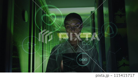 Image of network of connections and icons over caucasian female server room worker 115415717