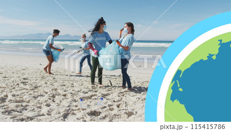 Image of globe over diverse group in face masks picking up rubbish from beach Image of globe over diverse group in face masks picking up rubbish from beach 115415786