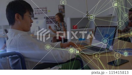 Image of network of connections with icons over disabled asian man sitting in wheelchair 115415813