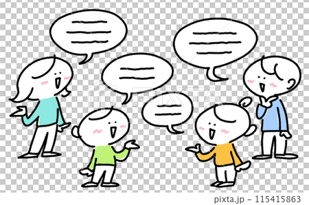 人們討論、微笑、討論、諮詢、聊天、講話泡泡、辯論、家庭、簡單可愛的線條畫插圖 115415863