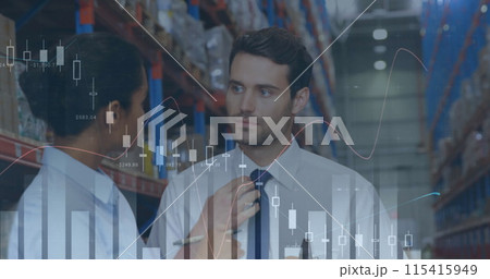 Image of statistics and financial data processing over man and woman working in warehouse 115415949