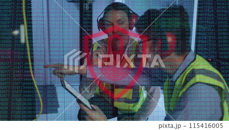 Image of data over diverse male and female it engineers with tablet by computer server 115416005