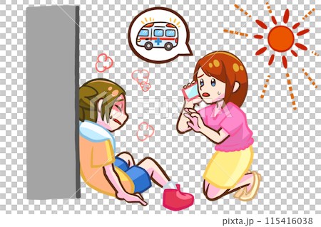 A woman calls an ambulance for a child who has collapsed from heat stroke 115416038