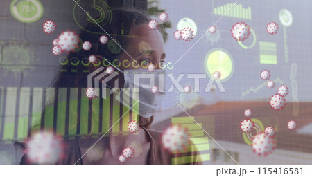 Digital image depicts global COVID-19 impact with graphs and masked woman. 115416581