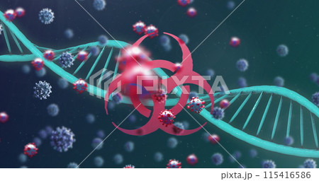 Image of 3D coronavirus Covid 19 cells spreading with rotating DNA strand and a biohazard symbol 115416586