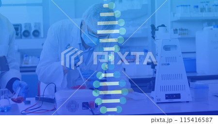 Digital image depicts scientists analyzing DNA and math for COVID-19 research. Digital image depicts scientists analyzing DNA and math for COVID-19 research. 115416587