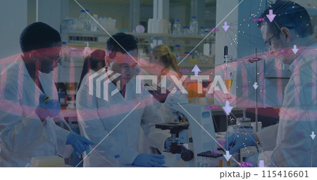 Digital image depicts scientists and DNA in a global COVID-19 study concept. Digital image depicts scientists and DNA in a global COVID-19 study concept. 115416601